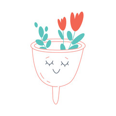 Period or Menstruation with Smiling Menstrual Cup with Blooming Flowers Inside Vector Illustration