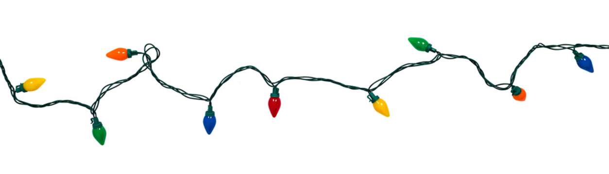 Isolated border of festive colorful holiday light string 
