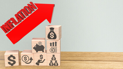 The red inflation text and business icon wood cube 3d rendering