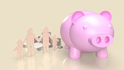 pink piggy bank and family wood cut 3d rendering