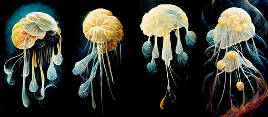 Digital art of Fantastic jellyfish on black background, Detailed 3D Illustration of isolated jellyfish