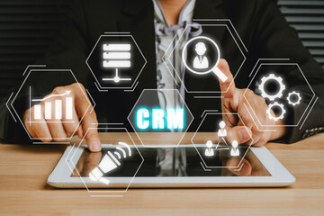 CRM Customer Relationship Management Business Internet Techology Concept, Man hand touching customer Relationship Management icon on VR creen..