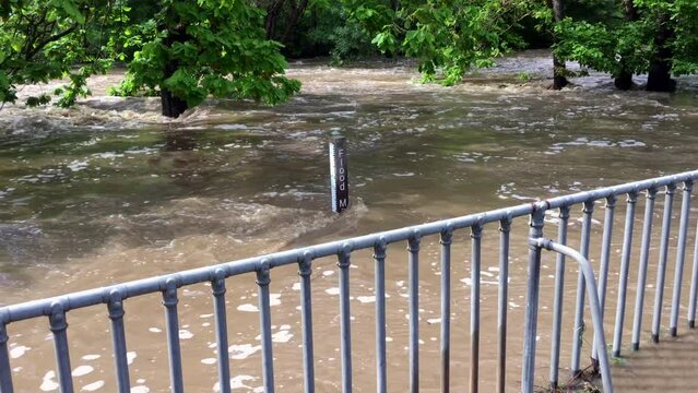 A wooden flood marker post surrounded by the rushing floodwaters of Merri Creek in Melbourne, Australia