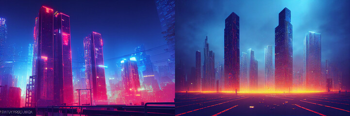 Obraz premium Futuristic cyberpunk cityscape, future architecture, fountain in the night, neon lights