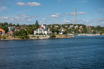 Sweden, Stockholm - July 17, 2022: Kappala on Lidingo island. Neptunivagen street reaches dock and...