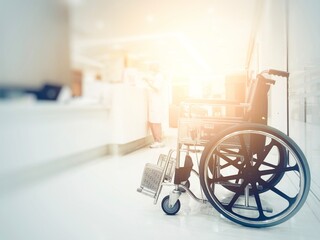 Close up of wheelchair with hospital blurred background.