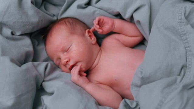 Comfortable nap among soft gray duvet. Top indoor view of adorable caucasian baby boy sleeping with his hands touching his face and ear. High quality 4k footage