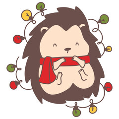 Cute hedgehog with Christmas light decoration. Christmas season illustration