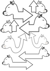 Vector work, dog symbols, arrows, used in graphics.