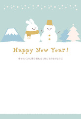 笑顔のウサギと雪だるまのキャラクターのいる冬の風景のかわいいナチュラルな縦型年賀状