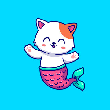 Cute Cat Mermaid Cartoon Vector Icon Illustration. Animal 
Nature Icon Concept Isolated Premium Vector. Flat Cartoon 
Style