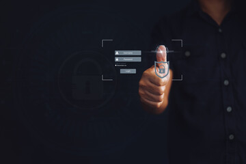 Concept of cyber security, login, password, information security and encryption, Man using login...