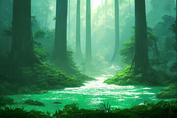 A illustration of beautiful virgin forest during foggy morning