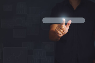 Search Browsing Internet web, cyberspace and technology Concept.  Man using search button on...