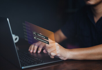Concept of cyber security, login, password, information security and encryption, Man using login...