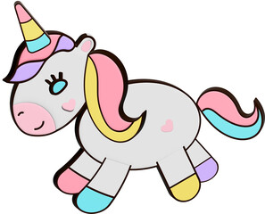 3D illustration render multicolor unicorn horse in fairytale style on transparent background