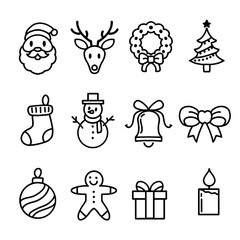 Fototapeta premium Vector handmade Christmas icon set in black and white.