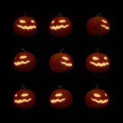 Cover set of 3d halloween pumpkins on a black background