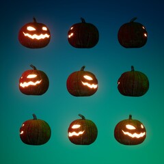 Cover set of 3d halloween pumpkins on blue green purple background
