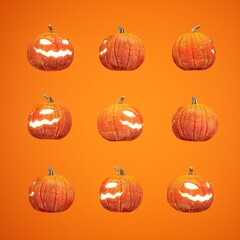 Cover set of 3d halloween pumpkins on orange background