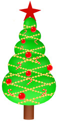 3D illustration of a Christmas green tree and for the New Year with colourful decorations and toys on a transparent background