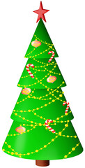 3D illustration of a Christmas green tree and for the New Year with colourful decorations and toys on a transparent background