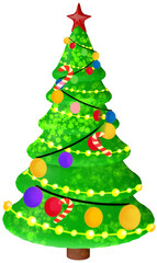 3D illustration of a Christmas green tree and for the New Year with colourful decorations and toys on a transparent background