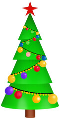 3D illustration of a Christmas green tree and for the New Year with colourful decorations and toys on a transparent background