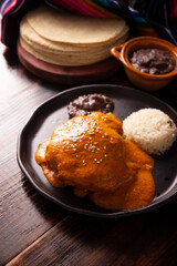 Encacahuatado. Mexican mole made from peanuts, dried chilies, sesame seeds, tomatoes and other spices. It is served bathing pieces of beef, pork or chicken or in Enmoladas.