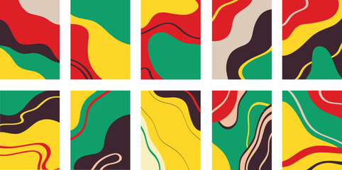 Vector illustration of set of colorful creative collages with chaotic pattern as abstract background