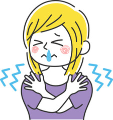 寒くて震える、鼻水が出ている、白人女性のイラスト