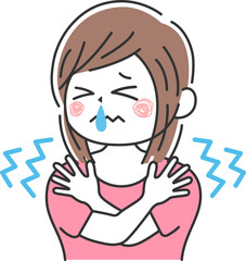 寒くて震える、鼻水が出ている、女性のイラスト