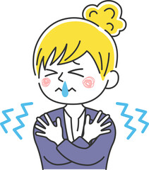 寒くて震える、鼻水が出ている、髪を束ねた、白人ビジネスウーマンのイラスト