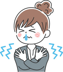 寒くて震える、鼻水が出ている、髪を束ねた、ビジネスウーマンのイラスト