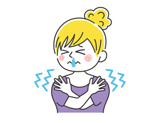 寒くて震える、鼻水が出ている、髪を束ねた、白人女性のイラスト
