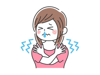 寒くて震える、鼻水が出ている、女性のイラスト