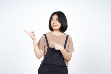 Showing Product and Pointing Side of Beautiful Asian Woman Isolated On White Background