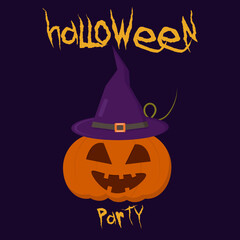 text halloween party on a dark background sinister pumpkin in a witch hat banner