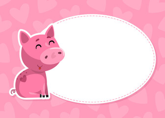 Empty Oval Space with Funny Pink Pig Character Vector Template