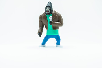 Gorilla toy with blue shirt and leather jacket