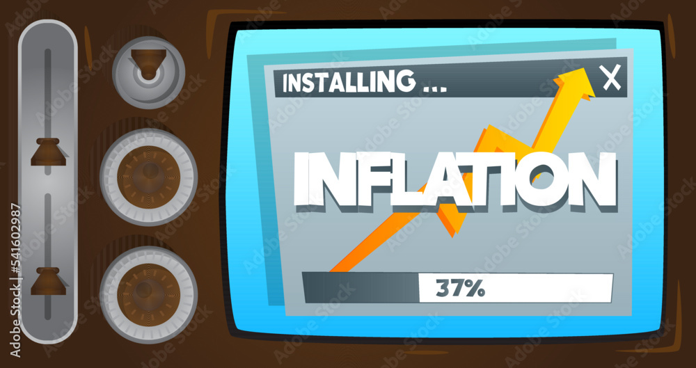 Poster Cartoon Computer With the word Inflation. Message of a screen displaying an installation window.