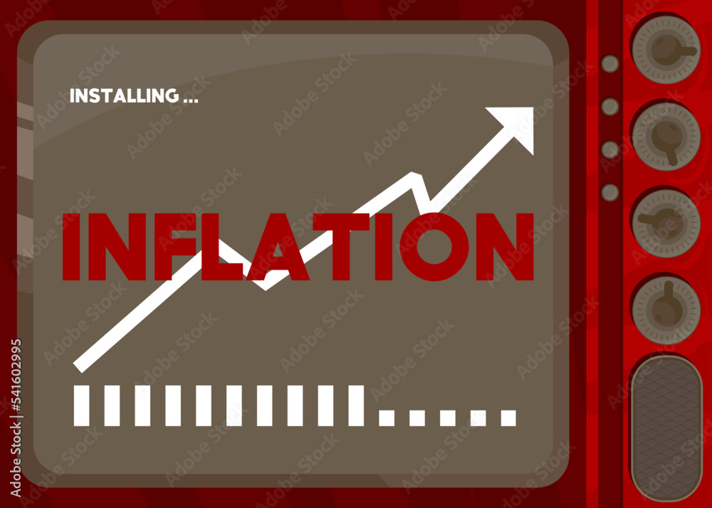 Poster Cartoon Computer With the word Inflation. Message of a screen displaying an installation window.