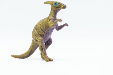 Plastic Parasaurolophus dinosaur toy on white background