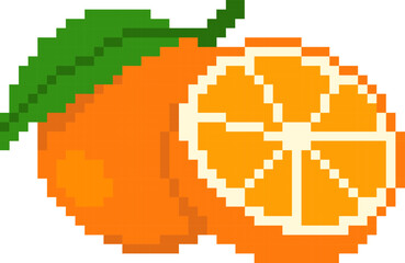 Slices and Whole Oranges Pixel Art. Orange fruit. Pixel art retro icons for 8 bit video game design. Old school computer graphics style. Vector illustration on a white background.