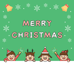 クリスマスパーティーをする子供のイラスト　正方形　緑