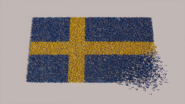 Aerial view of a Crowd of People, gathering to form the Flag of Sweden. Swedish Banner on White Background.