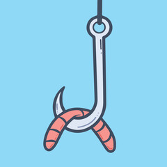 Worm faceless bait hook for fishing close up view. Vector illustration drawing with cartoon clean line art and color isolated on blue background.