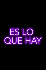 High quality illustration. Purple neon sign on a dark isolated background with the phrase it is what it is. Bright sign for designs or graphic resources