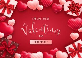 Fototapeta na wymiar Valentine's day sale banner. Discount promotion for shopping. Background with heart elements and gift boxes.