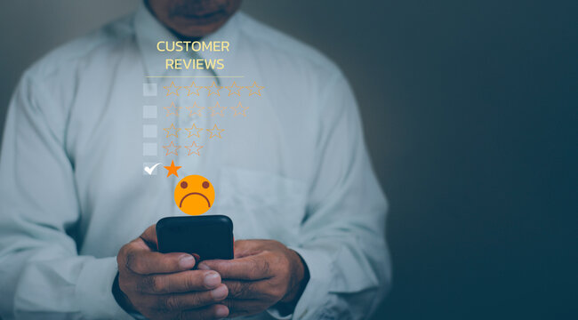 Client Experience dissatisfied Concept, Unhappy Businessman costomer with Sadness Emotion Face on smartphone screen, Bad review,  service is not good,  bad quality, low rating, social media not like.